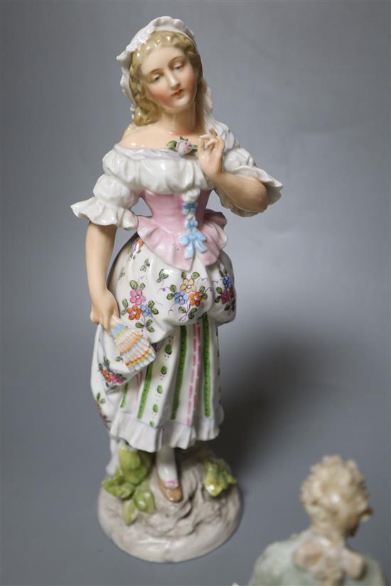 Two pairs of Continental porcelain figures of a man and woman, 15cm and 26cm